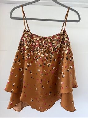Intimately Free People Camel Silk-like Flowy Top with Mesh Lining